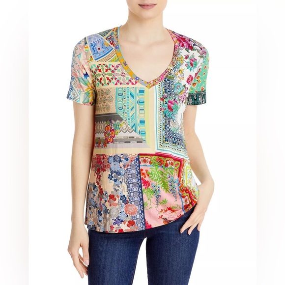 Johnny Was Anika Patchwork Floral Short Sleeve V-Neck - Picture 1 of 5